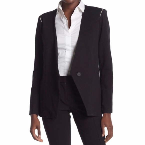 Amanda & Chelsea Black One Button White Piped Ponte Knit Blazer Jacket - Picture 2 of 7